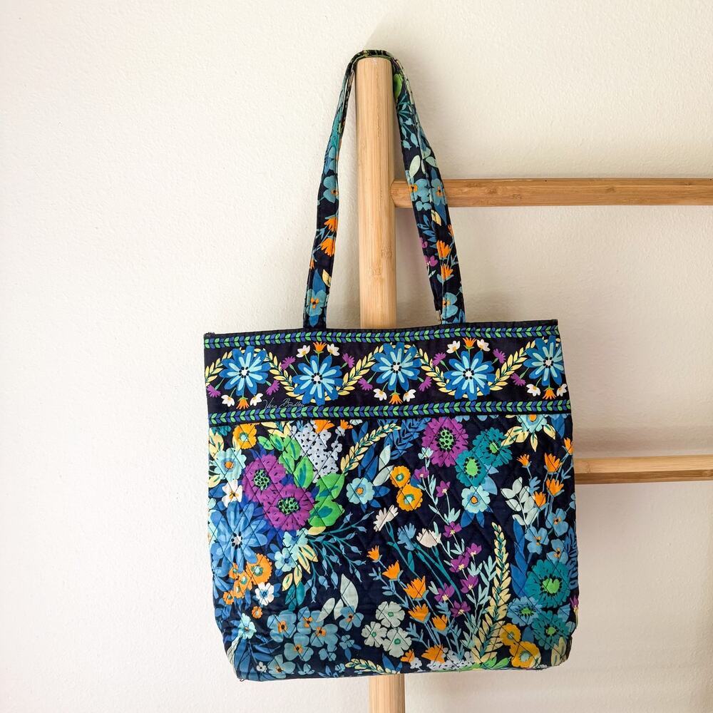 Vera Bradley Blue Floral Quilted Tote Bag Large Shoulder Travel Purse